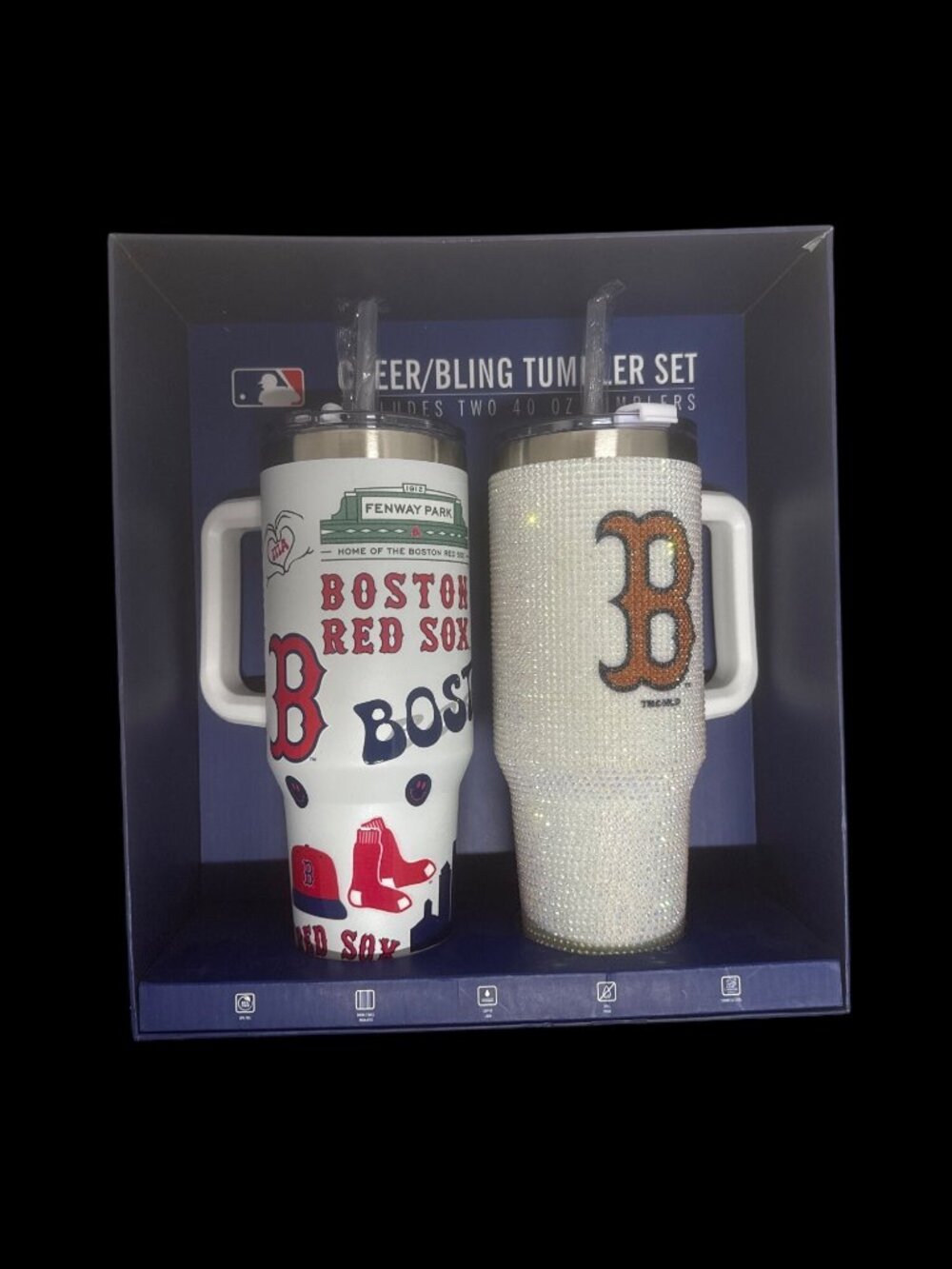 Boston Red Sox Cheer/Bling 40 Oz Tumbler Set W/ Handles & Lids New in Box
